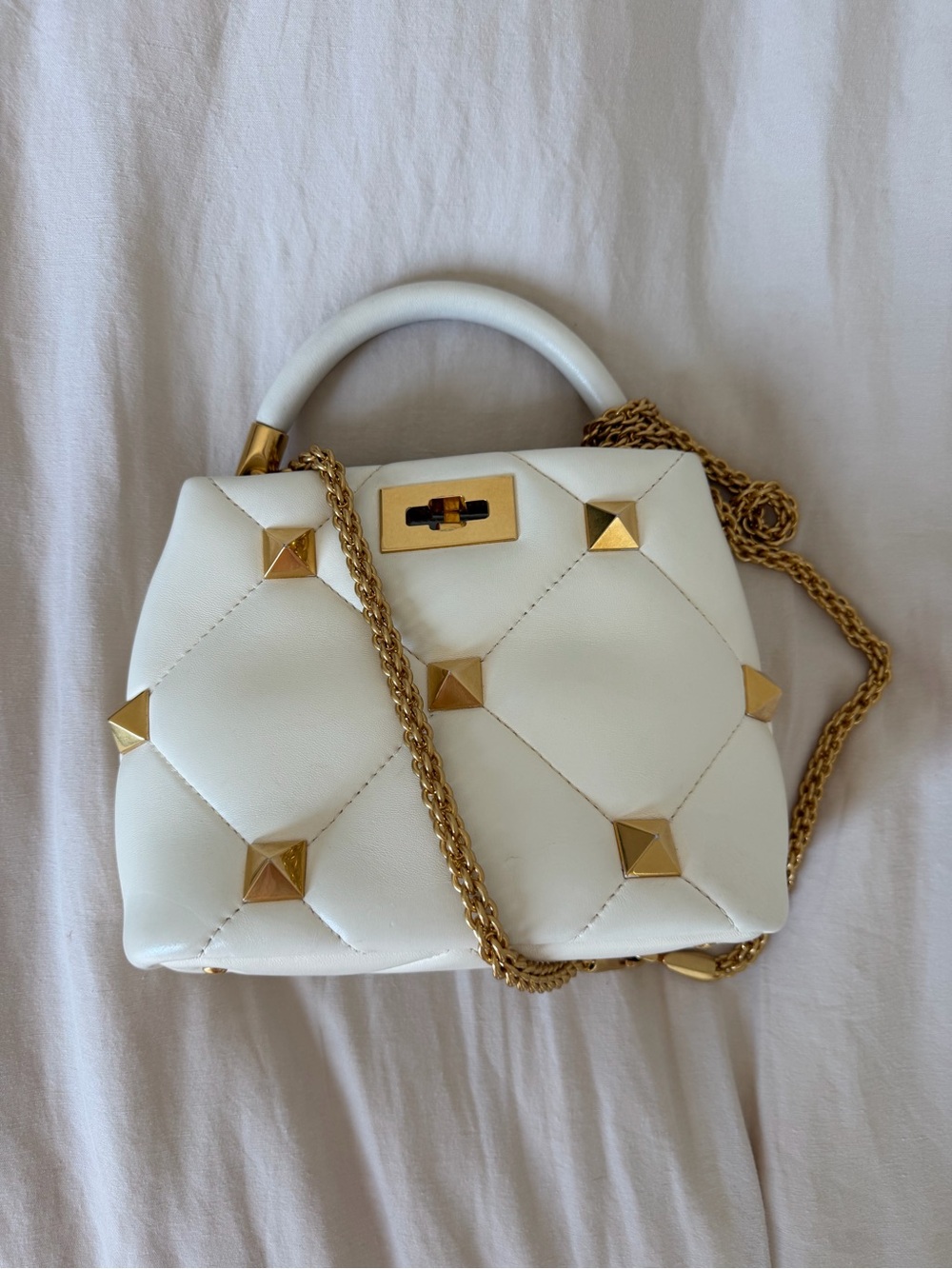 Valentino Garavani White Quilted Top-Handle Bag with Gold Studs